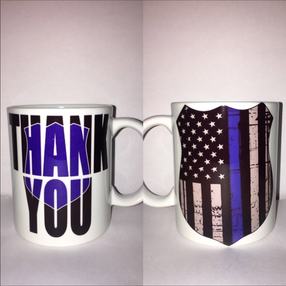 Police officer blue line badge mug back the blue
